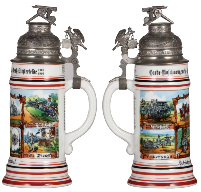 Regimental stein, .5L, 10.5" ht., porcelain, Garde Maschinengewehr Abt. Nr. 2, Gross-Lichterfelde, 1907 - 1909, four side scenes, roster, eagle thumblift, named to: Schütze Otto Krökel, machine gun finial, mint. From the collection of Robert Segel, author - 2