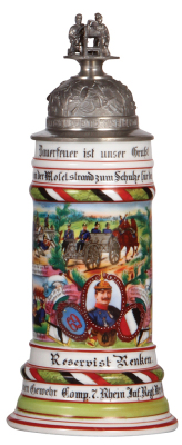 Regimental stein, .5L, 11.2" ht., porcelain, Maschinengewehr Comp. Inft. Regt Nr. 69, Trier, 1909 - 1911, four side scenes, roster, eagle thumblift, named to: Reservist Renken, crew with machine gun finial, mint. From the collection of Robert Segel, autho