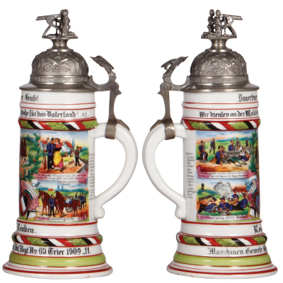 Regimental stein, .5L, 11.2" ht., porcelain, Maschinengewehr Comp. Inft. Regt Nr. 69, Trier, 1909 - 1911, four side scenes, roster, eagle thumblift, named to: Reservist Renken, crew with machine gun finial, mint. From the collection of Robert Segel, autho - 2
