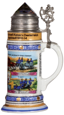 Regimental stein, .5L, 10.7" ht., porcelain, Maschinengewehr Comp., bayr. Inft. Regt. Nr. 13, Ingolstadt, 1912 - 1914, four side scenes, roster, lion thumblift, named to: Schütze Kohlbauer, rare screw-off lid with porcelain featuring Franz Josef, prism wi - 2