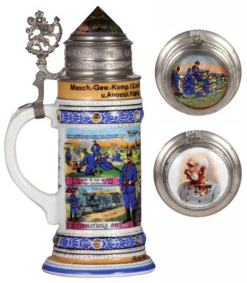 Regimental stein, .5L, 10.7" ht., porcelain, Maschinengewehr Comp., bayr. Inft. Regt. Nr. 13, Ingolstadt, 1912 - 1914, four side scenes, roster, lion thumblift, named to: Schütze Kohlbauer, rare screw-off lid with porcelain featuring Franz Josef, prism wi - 3