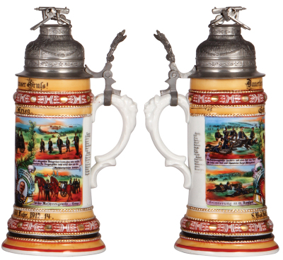 Regimental stein, .5L, 10.9" ht., porcelain, Maschinengewehr Comp., Inft. Regt Nr. 169, Lahr, 1912 - 1914, four side scenes, roster, griffin thumblift, named to: Gefreiter Krieg, machine gun finial, lithophane lines, pewter tear repaired. From the collect - 2