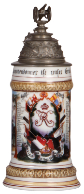 Regimental stein, .5L, 10.2" ht., porcelain, 1. Batt., Feld Artl Regt. Nr. 13, Ulm, 1896 - 1898, two side scene, roster, Württemberg thumblift, named to: Fahr. Auch, mint.