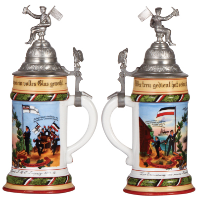 Regimental stein, .5L, 11.0" ht., porcelain, S.M.S. Leipzig, 1907 - 1910, two side scenes, eagle thumblift, named to: Resv. Gries, excellent repair of small pewter tear, otherwise mint. - 2