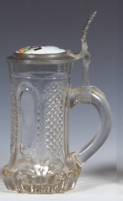 Glass stein, .5L, mold blown, clear, porcelain inlaid lid: soldier on horseback, excellent pewter repair, otherwise mint. - 2