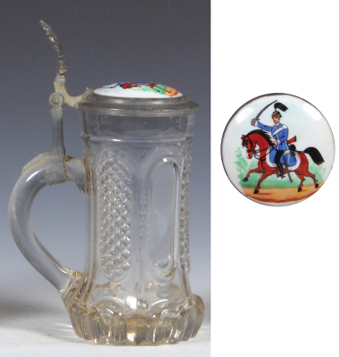 Glass stein, .5L, mold blown, clear, porcelain inlaid lid: soldier on horseback, excellent pewter repair, otherwise mint. - 3