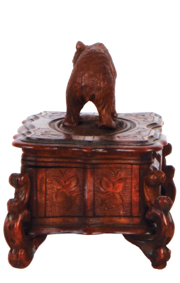 Black Forest wood carved jewel box, 5.4" ht. x 7.1" wide x 4.4" deep, walking bear finial, glass eyes, clover surface carving, made in Switzerland, early 1900s, linden wood, hinged lid, originalÊpaper label from shop in Interlaken Switzerland on bottom, Ê - 3