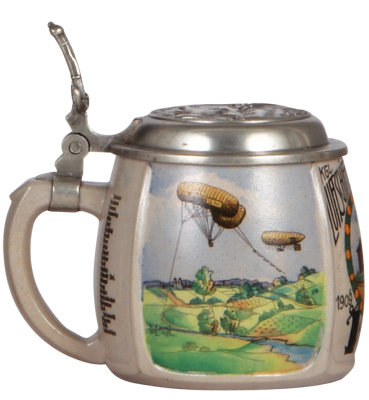 Regimental stein, .5L, 5.8" ht., stoneware, Kgl. bayr. Luftschiffer Abtlg., München, 1909 - 1911, two side scenes, roster, relief Munich lid, Frauenkirche thumblift, named to: Martin Haberzett on the lid, name is also on the roster, .5" scuff mark on uppe - 3