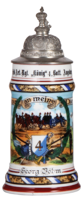 Regimental stein, .5L, 10.0" ht., porcelain, 4. Batt., 4. Feld Artl. Regt. Augsburg, 1902 - 1904, two side scenes, roster, lion thumblift, named to: Georg Böhm, mint.