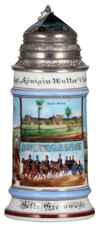 Regimental stein, .5L, 9.1" ht., porcelain, 4. Fahr. Batt., bayr. Feld Artl Regt. Nr. 3, München, 1898 - 1900, two side scene, lion thumblift, named to: Geftr. Greinwald, mint.