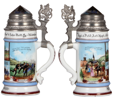 Regimental stein, .5L, 9.1" ht., porcelain, 4. Fahr. Batt., bayr. Feld Artl Regt. Nr. 3, München, 1898 - 1900, two side scene, lion thumblift, named to: Geftr. Greinwald, mint. - 2