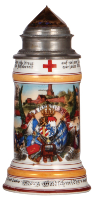 Regimental stein, .5L, 9.2" ht., porcelain, 4. Komp., bayr. 5. Inft. Regt., Bamberg, 1900 - 1902, four side scenes, ten man roster, lion thumblift, prism lid with six medic soldiers, named to: Georg Goldschmidt, flake at top of prism, flake on lower rim.