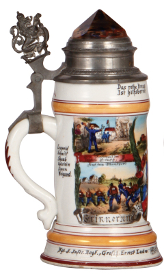 Regimental stein, .5L, 9.2" ht., porcelain, 4. Komp., bayr. 5. Inft. Regt., Bamberg, 1900 - 1902, four side scenes, ten man roster, lion thumblift, prism lid with six medic soldiers, named to: Georg Goldschmidt, flake at top of prism, flake on lower rim. - 3