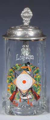 Glass stein, .5L, pressed, enameled, SchŸtzen Heil, 27. LŸften, relief pewter lid: target shooting, mint.