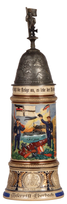 Regimental stein, 1.0L, 14.7" ht., pottery, S.M.S. Yorck, 1908 - 1911, two side scenes, roster, eagle thumblift, named to: Reservist Eberbach, finial attachment repaired, body mint.