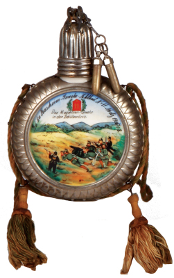 Regimental flask, .25L, porcelain, metal case, Maschinen Gewehrabtheil. Nr. 11, Metz, 1906 - 1908, named to: Res. Feukers, Maxim MG on wheeled mount, rare unit, MG finial on cap is a modern addition, otherwise good condition. From the collection of Robert