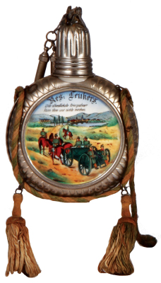 Regimental flask, .25L, porcelain, metal case, Maschinen Gewehrabtheil. Nr. 11, Metz, 1906 - 1908, named to: Res. Feukers, Maxim MG on wheeled mount, rare unit, MG finial on cap is a modern addition, otherwise good condition. From the collection of Robert - 2