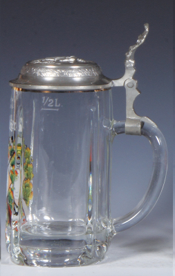 Glass stein, .5L, pressed, enameled, SchŸtzen Heil, 27. LŸften, relief pewter lid: target shooting, mint. - 2