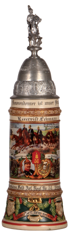 Regimental stein, .5L, 14.7" ht., pottery, 1. Battr., Feld Artl. Regt. Nr. 51, Strassburg, 1910 - 1912, four side scenes, roster, eagle thumblift, named to: Reservist Lehmann, pewter tear at rear of lid, still strong, body mint.