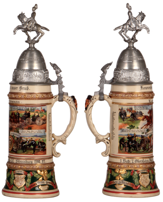 Regimental stein, .5L, 14.7" ht., pottery, 1. Battr., Feld Artl. Regt. Nr. 51, Strassburg, 1910 - 1912, four side scenes, roster, eagle thumblift, named to: Reservist Lehmann, pewter tear at rear of lid, still strong, body mint. - 2