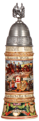 Regimental stein, .5L, 13.4" ht., pottery, 3. Battr., 1. Garde Feld Artl. Regt., Berlin, 1911 - 1913, four side scenes, roster, horse & rider thumblift, named to: Reservist Pietsch, mint.