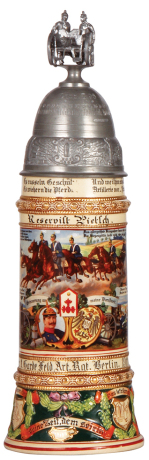 Regimental stein, .5L, 13.4" ht., pottery, 3. Battr., 1. Garde Feld Artl. Regt., Berlin, 1911 - 1913, four side scenes, roster, horse & rider thumblift, named to: Reservist Pietsch, mint.