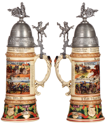 Regimental stein, .5L, 13.4" ht., pottery, 3. Battr., 1. Garde Feld Artl. Regt., Berlin, 1911 - 1913, four side scenes, roster, horse & rider thumblift, named to: Reservist Pietsch, mint. - 2