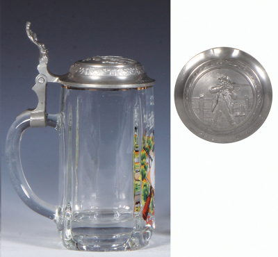 Glass stein, .5L, pressed, enameled, SchŸtzen Heil, 27. LŸften, relief pewter lid: target shooting, mint. - 3