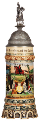 Regimental stein, .5L, 13.5" ht., pottery, 3. Esk., Ulan Regt. Nr. 1, Militsch, 1904 - 1907, two side scenes, roster, eagle thumblift, named to: Res. Scheuer, rare unit, finial reattached, body mint.