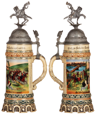 Regimental stein, .5L, 13.5" ht., pottery, 3. Esk., Ulan Regt. Nr. 1, Militsch, 1904 - 1907, two side scenes, roster, eagle thumblift, named to: Res. Scheuer, rare unit, finial reattached, body mint. - 2