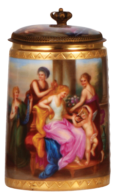 Porcelain stein, .5L, hand-painted, marked with Beehive, Royal Vienna type, Schmükung Der Venus, porcelain inlaid lid with scenes inside & outside, mint.