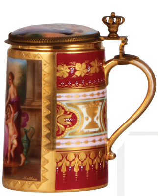 Porcelain stein, .5L, hand-painted, marked with Beehive, Royal Vienna type, Schmükung Der Venus, porcelain inlaid lid with scenes inside & outside, mint. - 2