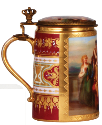 Porcelain stein, .5L, hand-painted, marked with Beehive, Royal Vienna type, Schmükung Der Venus, porcelain inlaid lid with scenes inside & outside, mint. - 4