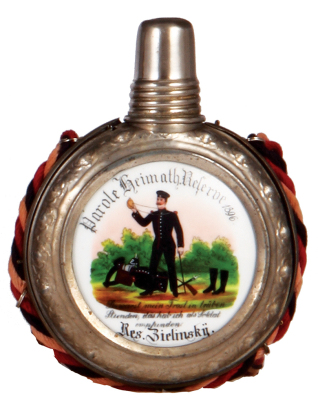 Regimental flask, .25L, porcelain, 4. Comp., Pionier Batl. Nr. 19, Strassburg, 1894 - 1896, named to: Res. Zielinskye, good condition.