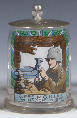 Military stein, .5L, glass, 3. Ers. M. G. K. I. A. K., 1917, center scene with Maxim Machine Gun 08 with ZF 12 optical sight, metal lid, mint. From the collection of Robert Segel, author of: The Handbook of Machine Gun Support Equipment and Accessories 18