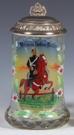 Regimental stein, .5L, 7.2" ht., glass, Feld Artl. Regt. Nr. 67, Bischweiler, 1913, gargoyle thumblift, named to: Meinem lieben Vater, mint.