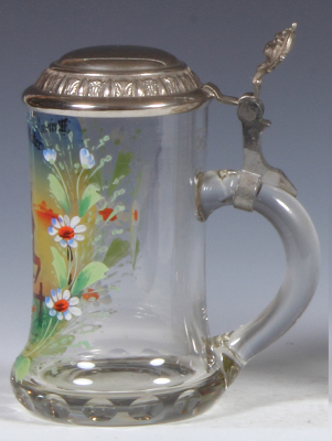 Regimental stein, .5L, 7.2" ht., glass, Feld Artl. Regt. Nr. 67, Bischweiler, 1913, gargoyle thumblift, named to: Meinem lieben Vater, mint. - 2