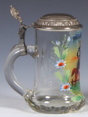 Regimental stein, .5L, 7.2" ht., glass, Feld Artl. Regt. Nr. 67, Bischweiler, 1913, gargoyle thumblift, named to: Meinem lieben Vater, mint. - 3