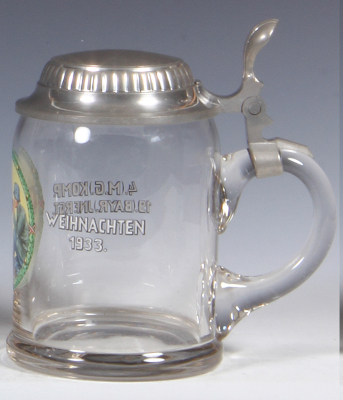 Military stein, .5L, glass, 4. [M.G.] Komp., 19. [bayr.] Inft. Regt., 1933, center scene with Maxim Machine Gun 08 on sled, pewter lid, mint. From the collection of Robert Segel, author of: The Handbook of Machine Gun Support Equipment and Accessories 189 - 2