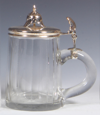 Glass stein, .5L, blown, faceted, silver-plated lid, helmet finial, mint. - 2