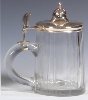 Glass stein, .5L, blown, faceted, silver-plated lid, helmet finial, mint. - 3
