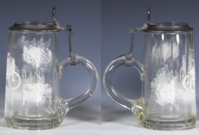 Glass stein, .5L, blown, faceted, hand-painted, automobile, glass inlaid lid, missing part of hinge pin, scratches on pewter, glass mint. - 2