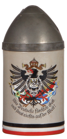 Character stein, .5L, stoneware, marked 5342, Artillery Shell, pewter lid, marked: Pauson München, small dent on lid, body mint.