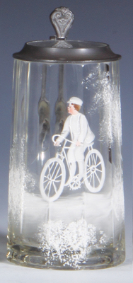 Glass stein, .5L, blown, faceted, hand-painted, bicycle rider, glass inlaid lid, small flake on base.