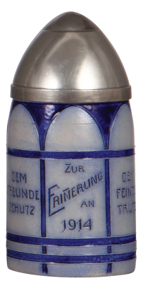 Character stein, .5L, stoneware, marked 2385, Artillery Shell, Zur Erinnerung an 1914, pewter lid, marked: Pauson München, Iron Cross thumblift, mint.