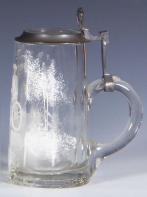 Glass stein, .5L, blown, faceted, hand-painted, bicycle rider, glass inlaid lid, small flake on base. - 2