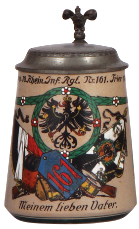 Regimental stein, .5L, stoneware, 6.4" ht., 4. Komp., Inft. Regt. Nr. 161, Trier, 1912 - 1914, eagle thumblift, Zum Andenken v.d. Sohne Heinrich, glaze rub on top rim. From the collection of Robert Segel, author of: The Handbook of Machine Gun Support Equ