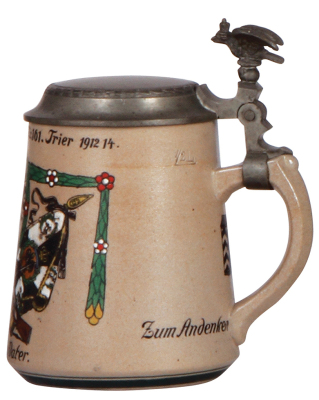 Regimental stein, .5L, stoneware, 6.4" ht., 4. Komp., Inft. Regt. Nr. 161, Trier, 1912 - 1914, eagle thumblift, Zum Andenken v.d. Sohne Heinrich, glaze rub on top rim. From the collection of Robert Segel, author of: The Handbook of Machine Gun Support Equ - 2