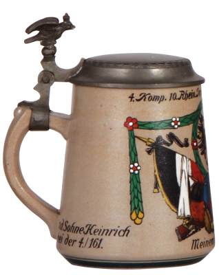 Regimental stein, .5L, stoneware, 6.4" ht., 4. Komp., Inft. Regt. Nr. 161, Trier, 1912 - 1914, eagle thumblift, Zum Andenken v.d. Sohne Heinrich, glaze rub on top rim. From the collection of Robert Segel, author of: The Handbook of Machine Gun Support Equ - 3