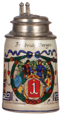 Regimental stein, .5L, 7.0'' ht., stoneware, K. B. Bezirkskommando I. München, 1907 - 1909, two side scenes, roster, Frauenkirche thumblift, named to: Friedrich Berger, relief pewter lid: Munich Child, rare, good repair of pewter tear, very good repair of